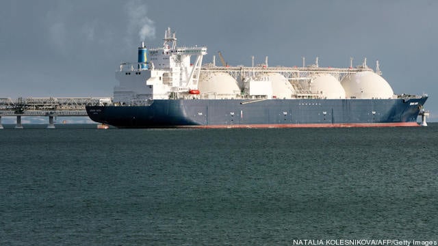 A liquified natural gas (LNG) tanker sit